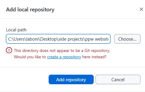 GitHub Desktop showing error that selected folder is not recognized as a Git repository